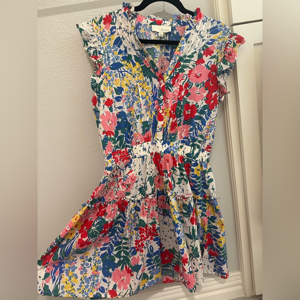 Pinch Floral Tiered V-Neck Dress in White, Pink, Red, Blue, Yellow